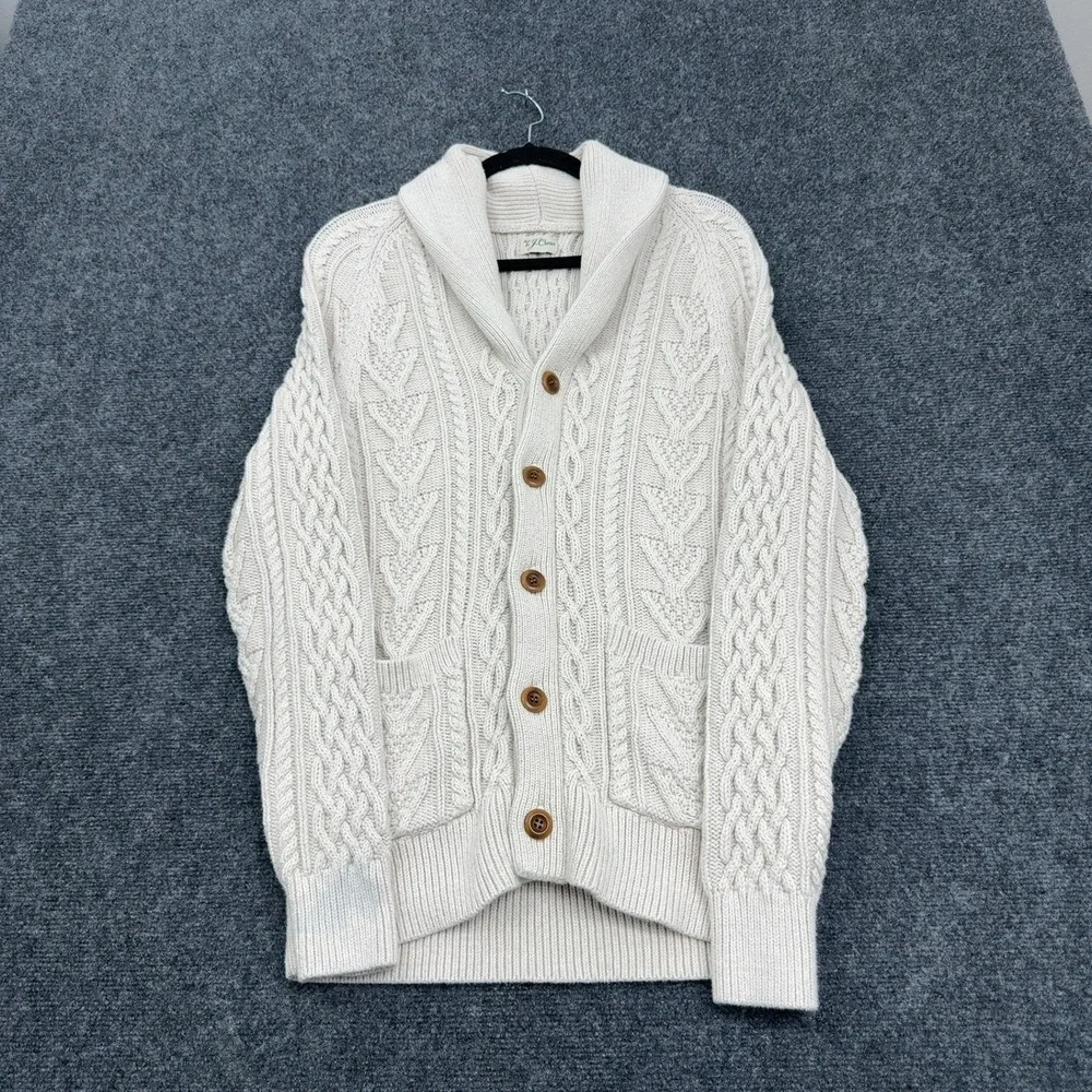 J Crew Cardigan Mens Cream Cotton Cable Knit Shawl Collar Classic Preppy